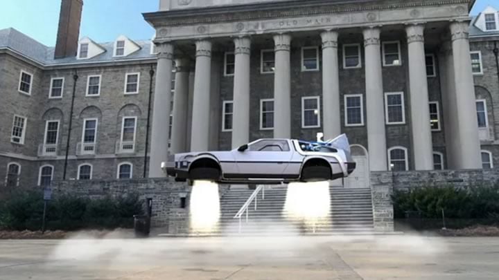 Delorean taking off in front of Old Main